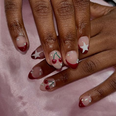 It’s a cherry star girl kinda fall 🍒⭐️❤️ . Book in BlO✨ . . . . #nails #nailartist #nailart #naildesigns #nailinspo #smallbusiness #smallartist #beginnernailtech #tallynailtech #tallahassee #fsu #famu #tsc #gelx #fall #fallnails #cherry #cherries #rednails Cherry On Nails Design, Cherry On Nails, 3d Cherry Nails, Cherry Makeup Look, Downtown Girl Nails, Cherry Nail, Cherry Nail Art, Cherry Nails, Star Nails