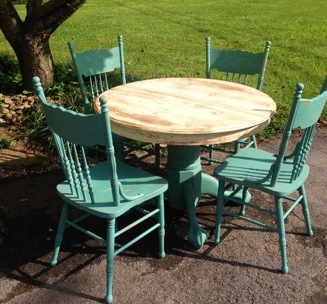 Sold-Hand painted Oak Table and Four Chairs. Chairs painted in Light Turquoise, distressed, and waxed. Table painted in antique white, sealed, distressed and antiqued. 250.00 Painted Oak Table, Annie Sloan Aubusson Blue, Dining Table 6 Chairs, Aubusson Blue, Blue Painted Furniture, Chalk Paint Projects, Furniture Refinishing, Dark Wax, Repurposed Vintage