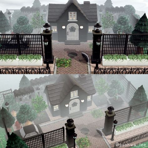 Acnh Black House Exterior Ideas, Acnh Creepy House, Gothic Acnh House, Acnh Witchcore Designs, Gothic House Animal Crossing, Goth House Animal Crossing, Acnh Witchcore House, Acnh Island Inspirations Goth, Acnh Halloween Entrance Ideas