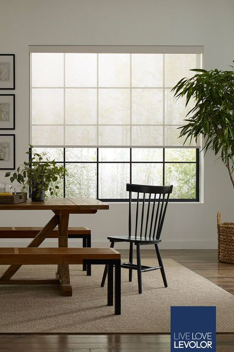 Modern Shades For Windows, Roller Shades Living Room, Solar Roller Shade, Dining Room Window Treatments, Dining Room Windows, Solar Shades, Room Window, Modern Windows, Modern Cottage