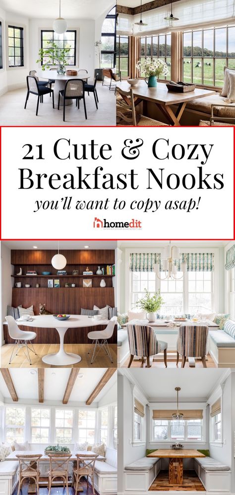 Need some cozy breakfast nook design ideas for your kitchen? Check out our collection of 21 perfect breakfast nook ideas in every style, including benches, sitting areas, built-ins, banquettes, and more. Discover the ideal modern breakfast nook decor ideas for your kitchen. Breakfast Area Decor, Nook Decor Ideas, Corner Breakfast Nook Ideas, Breakfast Nook Sitting Area, Nook Design Ideas, Kitchen Nook Decor, Breakfast Nook Lighting, Breakfast Nook Decor, Built In Breakfast Nook