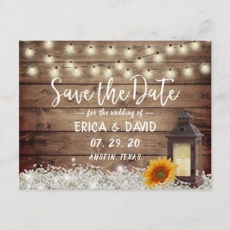 Rustic Sunflower Lantern Wedding Save the Date Announcement Postcard Sunflower Lantern, Lantern Wedding, Rustic Wedding Save The Dates, Rustic Save The Dates, Lantern String Lights, Rustic Mason Jars, Wedding Lanterns, Pink Wedding Invitations, Mason Jar Lighting