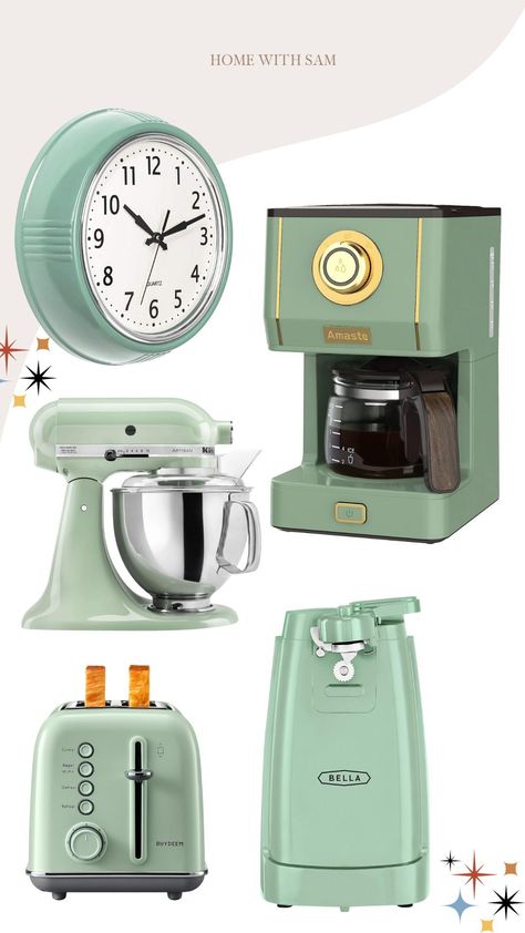 Kitchen Aesthetic Green, Retro Kitchen Ideas Vintage, Vintage Kitchen Aesthetic, Green Retro Kitchen, Retro Kitchen Ideas, Green Kitchen Aesthetic, Green Kitchen Appliances, Kitchen Ideas Vintage, Retro Kitchen Appliances