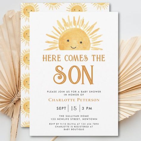 $1.98 | Here Comes the Son Yellow Sunshine Baby Shower - sunshine baby shower, here comes the son, boy baby shower, smiling sun, sunshine, boho, sunburst, watercolor, stylish typography, yellow Its A Boy Baby Shower Theme, Sunshine Baby Shower Invitations, Baby Boy Sprinkle, Here Comes The Son, Sunshine Baby Shower, Sunshine Baby Showers, Baby Shower Theme Decorations, Smiling Sun, Baby Shower Yellow