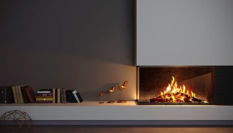 Modern glass corner fireplace wall in th... | Premium Photo #Freepik #photo #fire #3d #room #glass Corner Fireplace Wall, Fireplace Modern Design, Design Camino, Christmas Interior Decor, Corner Gas Fireplace, Built In Electric Fireplace, Hidden House, Feature Wall Living Room, Modern Room Divider