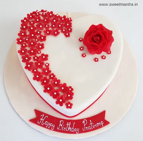 Heart shaped cake with roses for fiances birthday by Sweet Mantra - Customized 3D cakes Designer Wedding/Engagement cakes in Pune - http://cakesdecor.com/cakes/332282-heart-shaped-cake-with-roses-for-fiances-birthday Anniversary Cake Pictures, Shaped Birthday Cake, Heart Shaped Birthday Cake, Marriage Anniversary Cake, Anniversary Cake With Name, Heart Cake Design, Heart Shape Cake, Heart Shaped Cake, Happy Anniversary Cakes