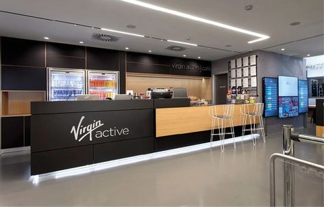 Fit Interiors | Reception areas and Bars Gym Cafeteria Design, Modern Reception Desk Design, Coffee Reception, Cafeteria Design, Reception Bar, Cafe Area, Modern Reception Desk, Reception Desk Design, Lounge Interiors