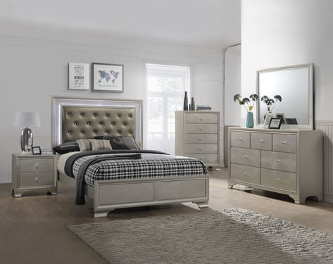 The Lyssa Bedroom Set is chic and shiny. The champagne colored set features a crocodile embossing and a beveled trim and mirror. The tufted upholstered headboard features 3-way-touch LED lighting for a soft reading light. The decorative crystal knob hardware adds an elegant touch to the set. Mom Room Ideas, Purple And Grey Bedroom Ideas, Queen Size Bed Headboard, Relaxed Bedroom, Bedroom For Teens, Black And White Comforter, Bedroom Decor Purple, Mom Room, Full Beds