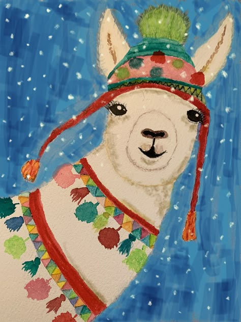 Lama Painting Easy, Lama Painting Acrylic, Alpaca Painting, Christmas Llama Painting, Alpaca Christmas Card, Christmas Alpaca, Christmas Llama, Mexico Christmas, Llama Arts