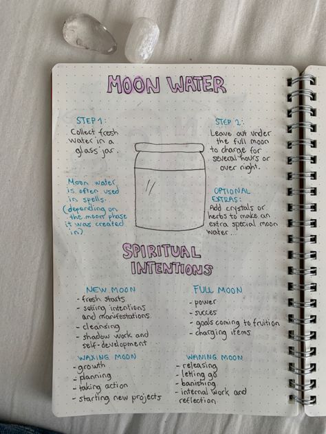 Moon Water Phases, How To Do Moon Water, Moon Phases Journal, Astrology Journal Aesthetic, Spiritual Notes For Beginners, Moon Water Intentions, Spiritual Journal Pages, Spiritual Notes Journal, Moon Water How To Make