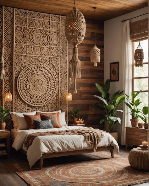 20 Boho Bedroom Accent Walls You Need To See – ToolzView Bedroom Room Designs, Boho Accent Wall, Textured Accent Wall, Rustic Window Decor, Rustic Boho Bedroom, Bohemian Headboard, Wood Walls Bedroom, Bohemian Decorating, 2024 Bedroom