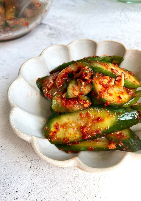 Easy Korean Cucumber Salad (oi muchim) with Mini Cukes ⋆ Seasoned by Jin Korean Cucumber Salad, Korean Vegetables, Korean Cucumber, Korean Chili Flakes, Vegetable Pancakes, Korean Side Dishes, Mini Cucumbers, Popular Side Dishes, Pickled Garlic