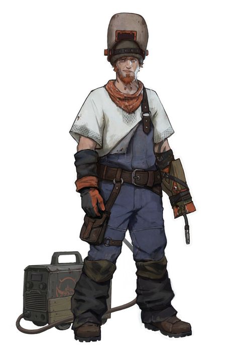 ArtStation - The Welder, Andrey Palkin Welder Outfit Men, Welder Character Design, Worker Character Design, Mechanic Oc, Mechanic Fashion, Cyberpunk People, Welder Art, Welder Mask, Zombie Survivor