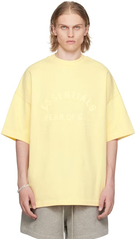 Yellow Crewneck T-Shirt by Fear of God ESSENTIALS on Sale Yellow Crewneck, Fear Of God Essentials, Fear Of God, Knit Crewneck, Dolman Sleeve, Jersey T Shirt, Patch Logo, Apparel Accessories, Rib Knit