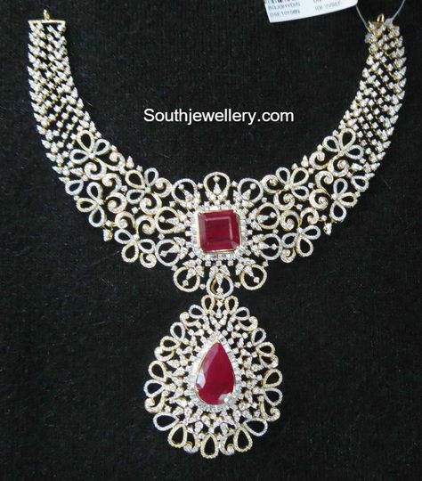 Diamond Ruby Necklace Nackles Design, Indian Diamond Necklace, White Stone Necklace, Diamond Jewlery, Diamond Necklace Indian, Black Diamond Pendant, Bridal Diamond Necklace, Diamond Jewelry Set, American Diamond Necklaces