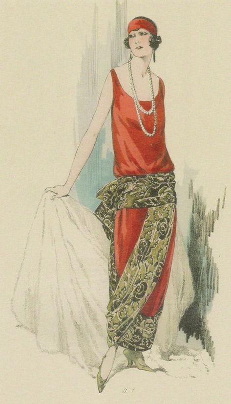 1923 Dernières Créations, Cashmere evening gown and skirt with wide belt forming a large bow at the back 1920 Evening Gown, 1920 Fashion Illustration, 1920 Fashion Women, 1920 Dresses, 1920s Shawl, 20’s Fashion, 1920s Fashion Women, 1920's Fashion, 1920 Fashion