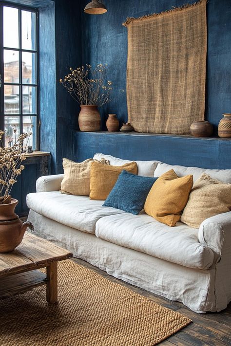 Creative 24+ Dark Blue Apartment Inspirations You Need Blue Interiors Living Room, Blue Apartment Aesthetic, Blue And Brown Living Room, Blue Apartment, Dark Blue Sofa, Brown And Blue Living Room, Dark Blue Living Room, Living Room Blue, Dark Blue Bedrooms