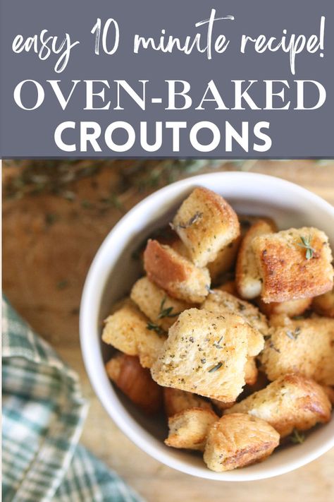 homemade croutons for caeser salad Crouton Recipe, Leftover Bread, Sliced Bread, Croutons, Simple Recipe, 10 Minute, Oven Baked, Easy Homemade, Recipe Using