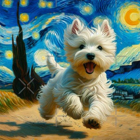 Westies Dogs, Star Fragment, Westie Art, Painted Window Art, Dog Portraits Painting, Van Gogh Style, Dog Portraits Art, Westie Dog, Westie Puppies