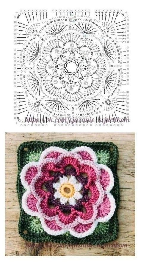 Motif Mandala Crochet, Granny Square Crochet Patterns Free, Crochet Stitches Diagram, Crochet Cushion Cover, Crochet Mandala Pattern, Crochet Motif Patterns, Crochet Bedspread, Pola Sulam, Crochet Flower Tutorial