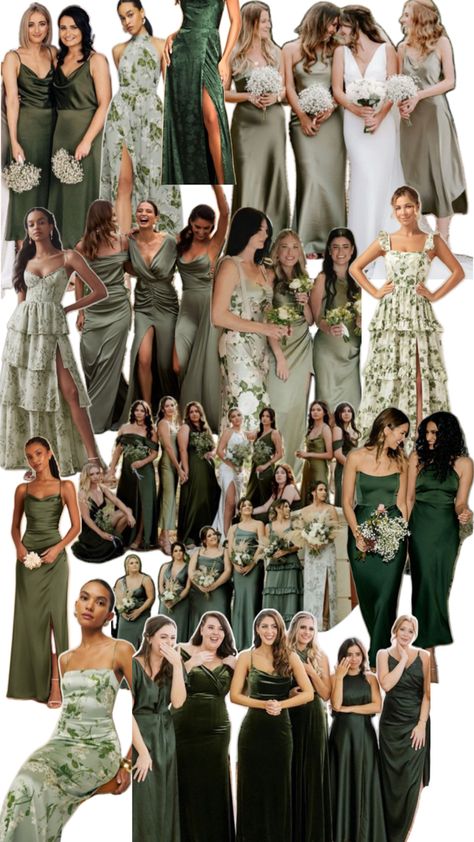 Mixed shades of green with floral bridesmaid dress collage. Bridal party dress inspiration. Sage Green And Forest Green Bridesmaid Dresses, Coordinating Bridesmaid Dresses Color Schemes, Pick Your Own Bridesmaid Dress, Olive Bridesmaid Dresses Mismatched, Different Shade Of Green Bridesmaid, Different Greens Bridesmaids, Shades Of Green Palette Wedding, Shade Of Green Bridesmaid Dresses, Multiple Green Bridesmaid Dresses