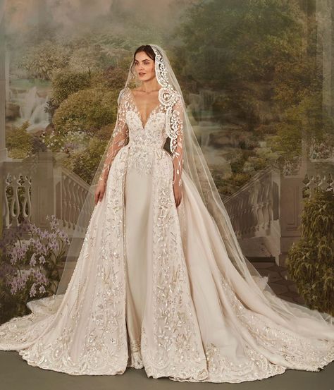 Wedding Gown Embroidery, Open Front Wedding Dress, Luxury Romantic Gown With Lace Sleeves, Wedding Gowns Lace Sleeves, Bird Wedding Dress, Luxury White Gown With Lace Sleeves, Ceremony Gown With Long Sleeves And Intricate Embroidery, Wedding Gown With Intricate Embroidery, Fitted Lace Sleeves Wedding Robe