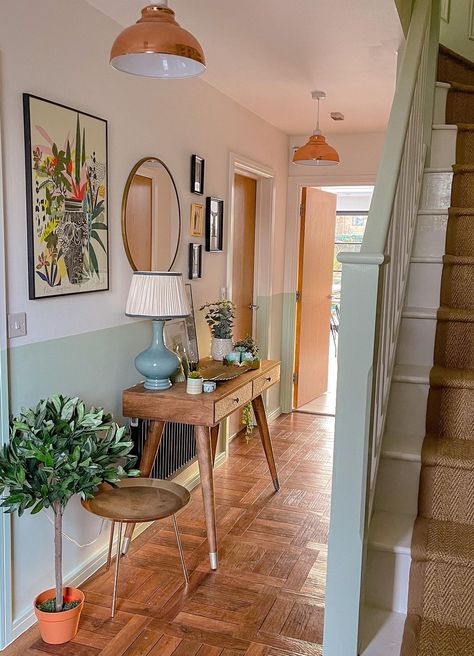 Colourful Panelling, Bright Hallways, Vibrant Hallway, Maximalist Hallway, Bright Hallway Ideas, Eclectic Foyer, Colourful Hallway, Stair Panelling, Eclectic Hallway