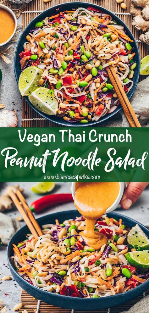 Vegan Thai Bowl, Spicy Peanut Noodle Bowl, Vegan Peanut Noodle Salad, Vegan Asian Noodle Salad, Vegan Thai Pasta Salad, Peanut Butter Noodle Salad, Vegan Thai Peanut Noodles, Thai Noodle Salad Recipes, Spicy Thai Noodle Salad