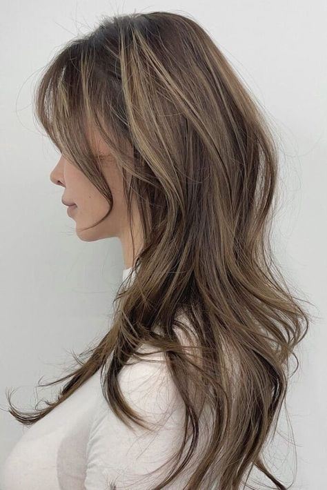 Hush Hairstyle With Balayage Shag Wolf Cut Long, Long Layered Brown Hair With Highlights, The Hush Cut, Wolf Cut Hair Long Straight, Wolf Cut Blonde Highlights, Hush Layered Cut, Wolfcut With Highlight, Long Hush Haircut, Layered Wolf Cut Medium Hair