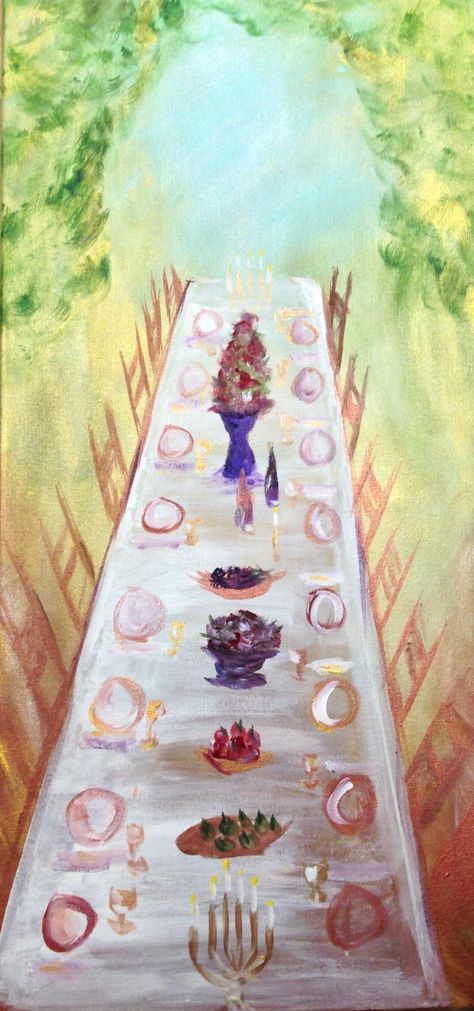 Encountering God Through Art, Prophetic Art, "The Banquet Table" by Andrea Riley Easy Prophetic Art, Worship Art Christian, Prophetic Art Revelation, Dinner Table Painting, Worship Art Painting, Profetic Art, Prophetic Art Worship, Bunny Art Projects, Jewish Artwork