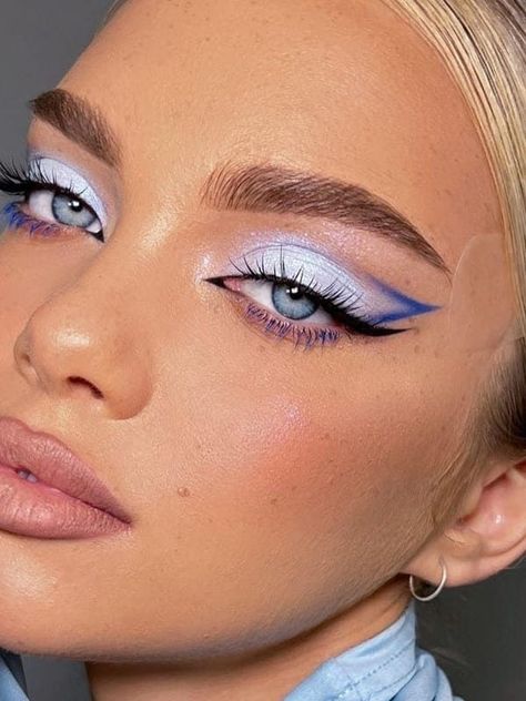 Fun Makeup Ideas For Blue Eyes, Blue White Makeup Look, White Blue Eyeshadow, Shimmer Blue Eye Makeup, Blue Lip Makeup, Blue Ice Makeup, Blue Barbie Makeup, Blue Makeup Blue Eyes, White And Blue Makeup Looks