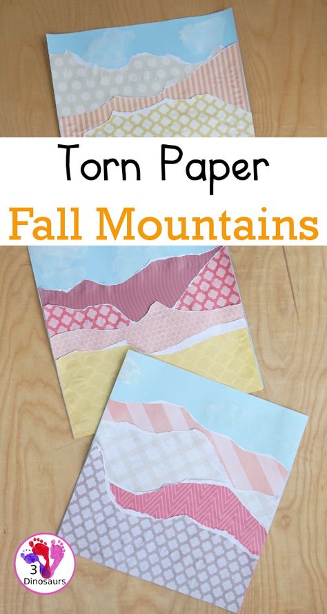 Torn Paper Fall Mountains - An easy fall craft that kids can make and be creative with using scrapbook paper. - 3Dinosaurs.com #tornpapercraft #craftsforkids #fallcraft #3dinosaurs Mountain Crafts For Kids, Geology Homeschool, Paper Mountains, Land Forms, Mountain Crafts, Recycling For Kids, Paper Craft For Kids, American Landmarks, 3 Dinosaurs