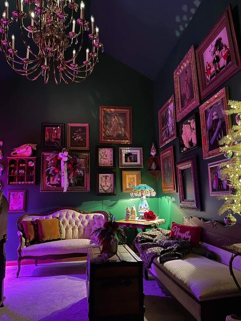 Neon Library, Electric Maximalist, Maximalist Bar, Whimsigothic Decor, Punk Decor, Art Display Wall, Eccentric Decor, Rock Room, Witchy House