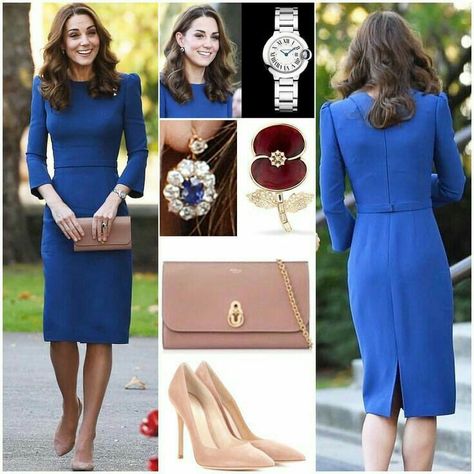 Mulberry Amberley, Pink Cardigan Outfit, Blue Fitted Dress, Kate Fashion, Kate Middleton Style Outfits, Blue Dress Outfits, Royal British Legion, Kate And Meghan, Sapphire And Diamond Earrings