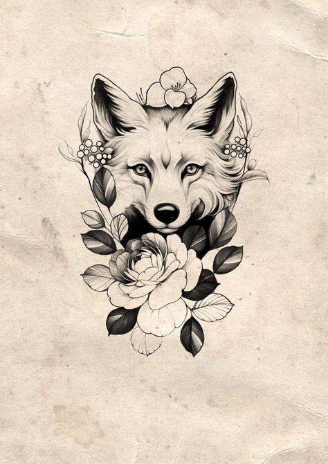 Animal Flower Tattoo Design, Fox And Flower Tattoo Design, Feminine Skull Tattoos, Fox Tattoo Design, Owl Tattoo Design, Animal Drawings Sketches, Spirit Animal Art, Wolf Tattoo Design, Fox Tattoo