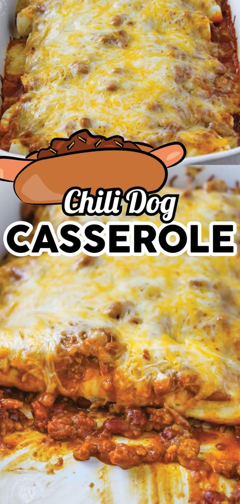 Chilli Dog Casserole, Chilli Casserole, Chili Dog Bake, Hot Dogs Chili, Hot Dog Casserole, Chili Dog Casserole, Chili Cheese Dog Casserole, Wrapped Smokies, Chili Casserole