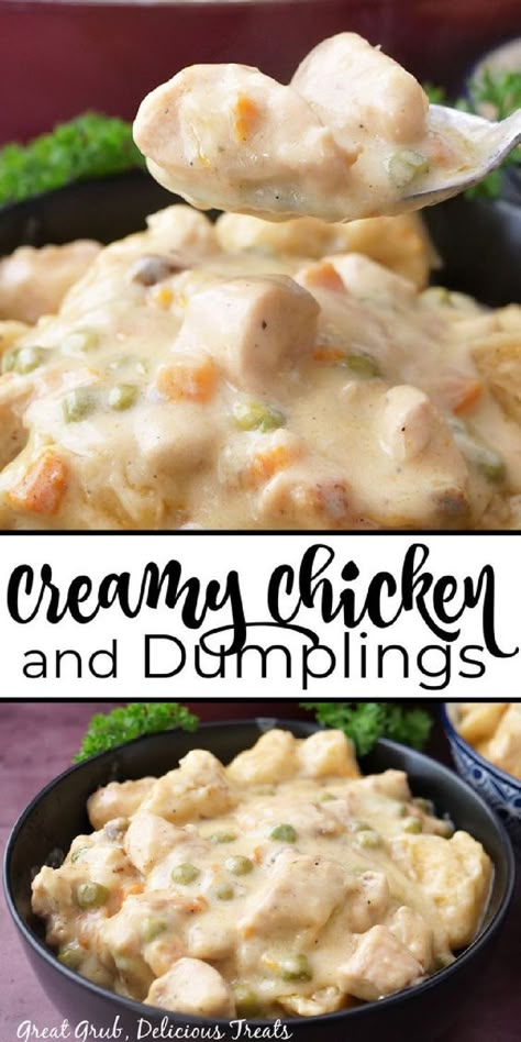 A double photo collage of creamy and delicious chicken and dumplings. Homemade Chicken And Dumplings Recipe, Quick Chicken And Dumplings, Chicken Cups, Easy Dumplings Recipe, Chicken Dumpling Casserole, Dumpling Casserole, Best Chicken And Dumplings, Creamy Chicken And Dumplings, Chicken N Dumplings