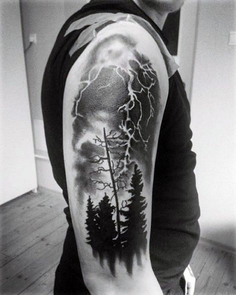 Cool Arm Pine Trees Thunderstorm Tattoo Design Ideas For Male Storm Tattoo Men, Thunderstorm Tattoo, Blitz Tattoo, Storm Tattoo, Lightning Tattoo, Bolt Tattoo, Forest Tattoos, Omerta Tattoo, Half Sleeve Tattoos For Guys