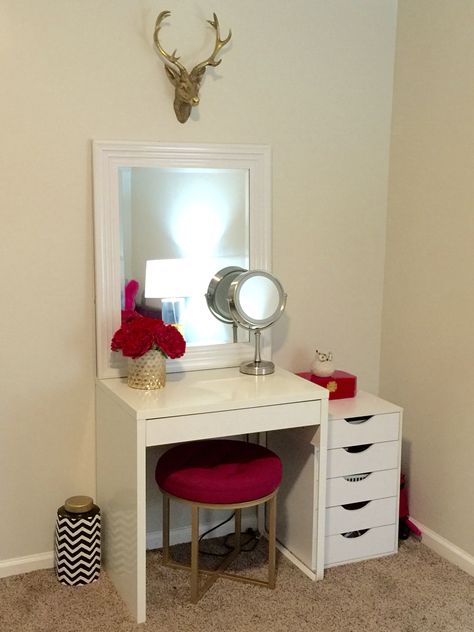 Makeup Vanity Ikea Micke Desk Target Threshold Pink Ottoman Diy Makeup Vanity Table, Makeup Room Diy, Ikea Micke Desk, Makeup Room Decor, Makeup Table Vanity, Diy Vanity, Vanity Room, Makeup Rooms, Small Space Diy