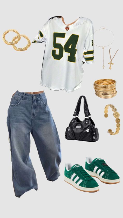 #outfitinspo #outfit #y2k #vintage #green #gold #coolgirlstyle #oversized Streetwear Green Outfit, Y2k Gold Outfits, Green And Black Concert Outfits, Sza Shirt Outfit, Green Outfit Aesthetic Black Women, Childish Gambino Concert Outfit Ideas, Sorority Outfits Casual, Green Bandana Outfits, Green School Outfits