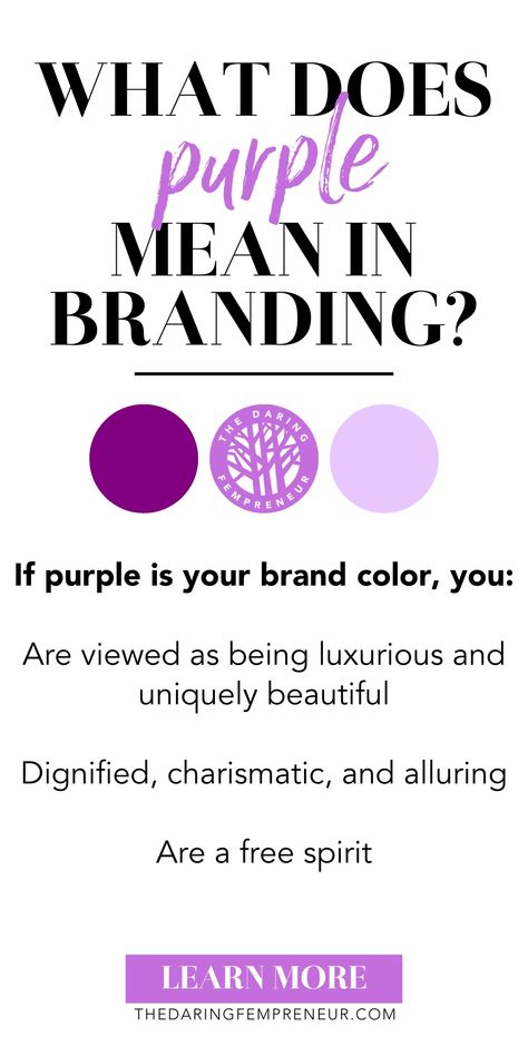 Purple is a color associated with being creative, visionary, and unconventional. If purple is your brand's main color, you're likely viewed as being luxurious and uniquely beautiful. You're gifted in giving love unconditionally, seeing the best in others, trusting in the flow of the universe, and increasing imagination. Click to learn more about using Purple in your brand colors! Purple Branding, Love Unconditionally, Giving Love, The Color Purple, Color Personality, Business Help, Color Psychology, Meaning Of Life, Build Your Brand