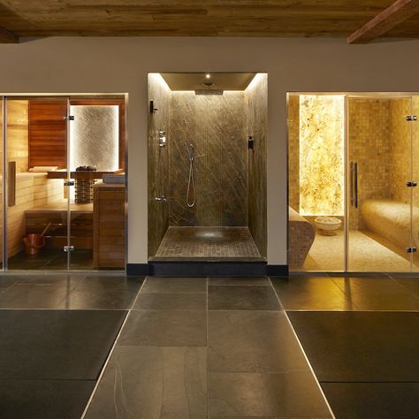 Home Steam Room, Burning Forest, Slate Veneer, Home Spa Room, Wellness Room, Indoor Pool Design, Sauna House, Spa Room Decor, Spa Interior Design