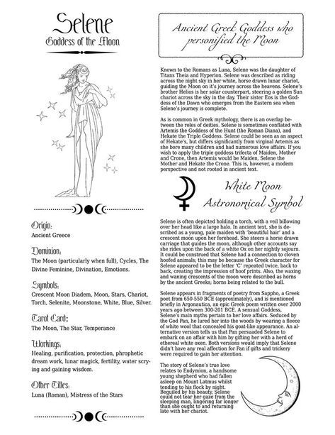 Selene, Moon Goddess from the Greek pantheon. In Roman mythos she was Luna, Goddess of the moon. PDF printable grimoire pages for moon magic. Luna Goddess Of The Moon, Selene Greek Goddess, Selene Moon Goddess, Planet Astrology, Printable Grimoire Pages, Luna Goddess, The Book Of Shadows, Goddess Magick, Grimoire Pages