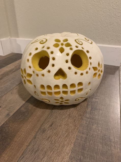 White Pumpkins Carving Ideas, White Pumpkin Carvings, Carved White Pumpkins Ideas, Pumpkin Carving Ideas Day Of The Dead, Pumpkin Carving Skeleton Face, Pumpkin Carving Sunflower, White Pumpkin Designs Carved, Carving Small Pumpkins, Tiny Pumpkin Carving Ideas