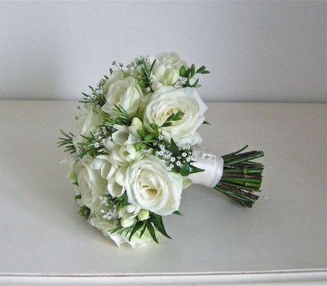 A very soft and pretty wedding in whites and greens, the look is both natural and modern too using gypsophila, roses and freesias with a tou... Green And White Wedding Flowers, Freesia Bouquet, White Rose Wedding Bouquet, Gypsophila Wedding, Gypsophila Bouquet, Green Wedding Bouquet, Green And White Wedding, White Roses Wedding, Green Bouquet