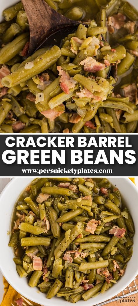 These Country Style Green Beans take simple canned green beans to the next level, adding the savory flavors of bacon and onion for a dish that's packed with Southern comfort. A Cracker Barrel copycat, this simple recipe is a true classic with a delicious, home-cooked feel. | www.persnicketyplates.com Green Bean Bacon Onion Recipe, Green Bean Recipes For Bbq, Green Beans With French Fried Onions, Green Bean Recipes In Crockpot, Greenbeans Bacon Onion, Long John Silver's Green Beans Recipe, Green Beans And Kale Recipe, Green Beans With Spaetzle, Green Beans With Fatback