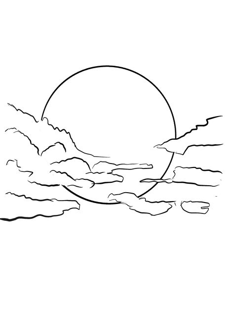 Moon Drawing With Clouds, Cloud Drawing Simple, Sky Templates, Sky Line Art, Sunset Outline, Sky Drawings, Clouds Stencil, Sunset Sketch, Sky Drawing