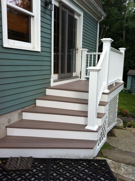 Replace "deck" with stairs leading to patio Porch With Steps, Steps Backyard, Steps Railing, Patio Stairs, Side Entrance, Raised Deck, Pavers Backyard, Grey Patio, Patio Steps