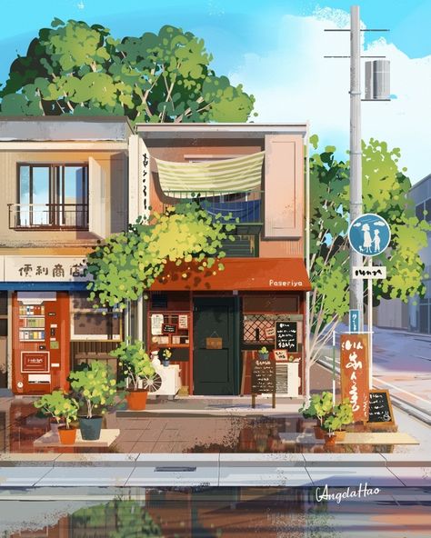 Street Background Drawing, Angela Hao, Japanese Store Fronts, Street Background, Japanese Shop, Desain Editorial, Watercolor Architecture, Building Illustration, Japanese Drawings