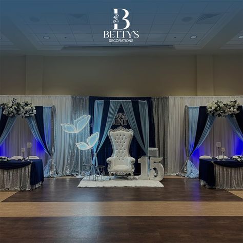 Simple Debut Decorations At Home, Quinceanera Main Table, Quince Backdrop, Quinceanera Main Table Ideas, Navy Quince, Debut Decorations, Debut Theme Ideas, Cinderella Quince, Sweet 16 Winter Wonderland